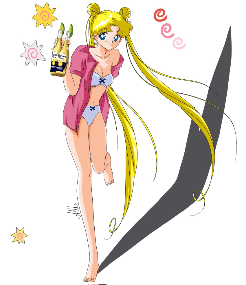 1girl, alcohol, anello81, bare_shoulders, barefoot, beer, bishoujo_senshi_sailor_moon, blonde_hair, blue_eyes, bottle, breasts, corona_(brand), feet, full_body, highres, lingerie, long_hair, medium_breasts, open_clothes, open_shirt, short_sleeves, smile, standing, standing_on_one_leg, tsukino_usagi, twintails, underwear, very_long_hair, white_background