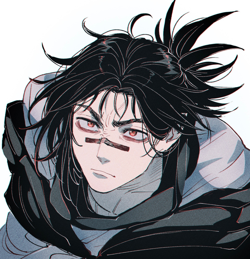 1boy, black_hair, black_scarf, brown_eyes, choso_(jujutsu_kaisen), closed_mouth, facial_tattoo, frown