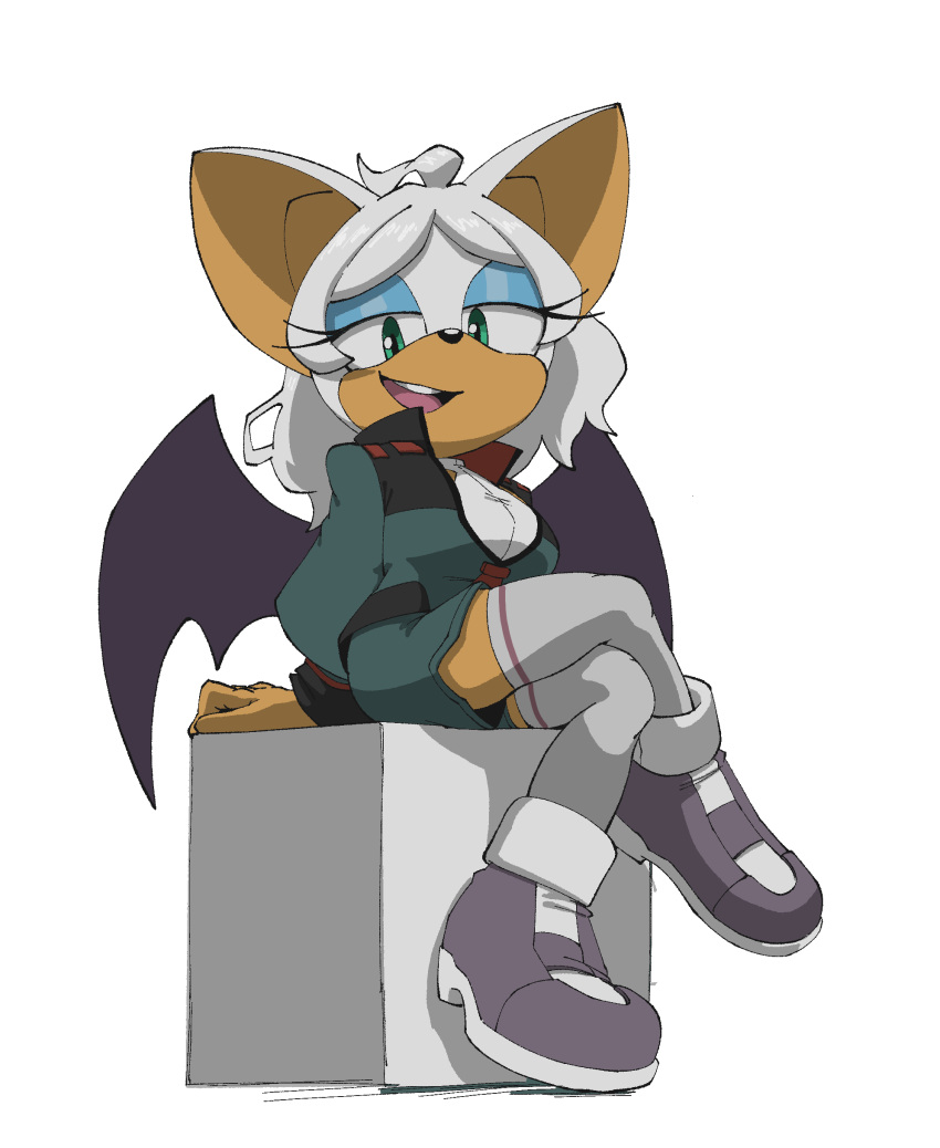 1girl, absurdres, animal_ears, animal_nose, asticassia_school_uniform, bat_ears, bat_girl, bat_wings, blue_eyes, blue_eyeshadow, english_commentary, eyeshadow, full_body, furry, furry_female, green_jacket, green_shorts, grey_footwear, gundam, gundam_suisei_no_majo, highres, jacket, lazerpotaters, long_hair, long_sleeves, looking_at_viewer, makeup, open_mouth, rouge_the_bat, school_uniform, secelia_dote, shirt, shoes, short_shorts, shorts, simple_background, sitting, smile, solo, sonic_(series), thigh-highs, white_background, white_fur, white_hair, white_shirt, white_thighhighs, wings