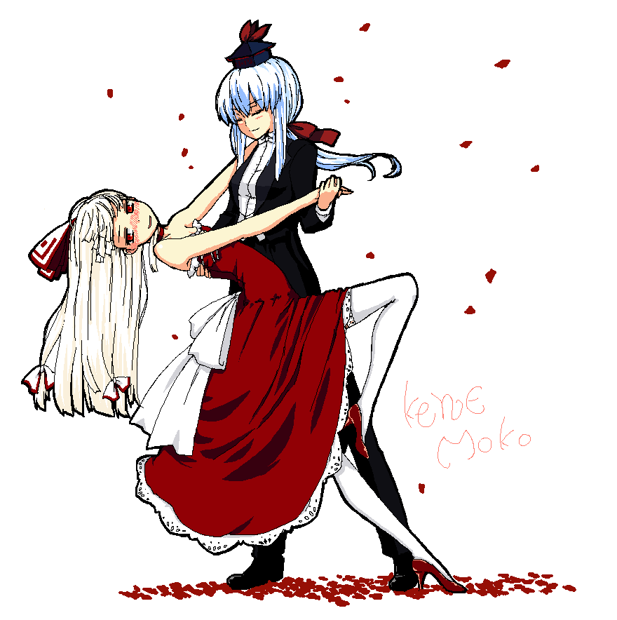 alternate_hairstyle, arched_back, blue_hair, blush, bow, closed_eyes, dancing, dress