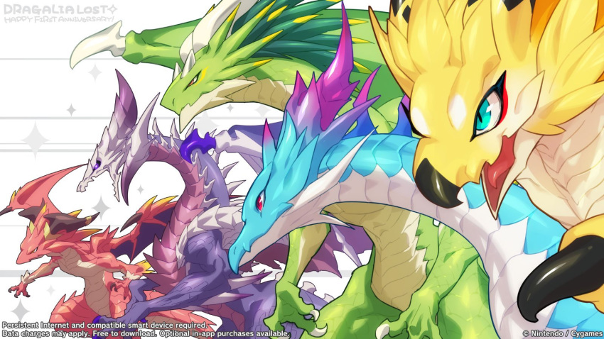 2girls, 3boys, anniversary, black_sclera, blue_eyes, brunhilda_(dragalia_lost), claws, colored_sclera