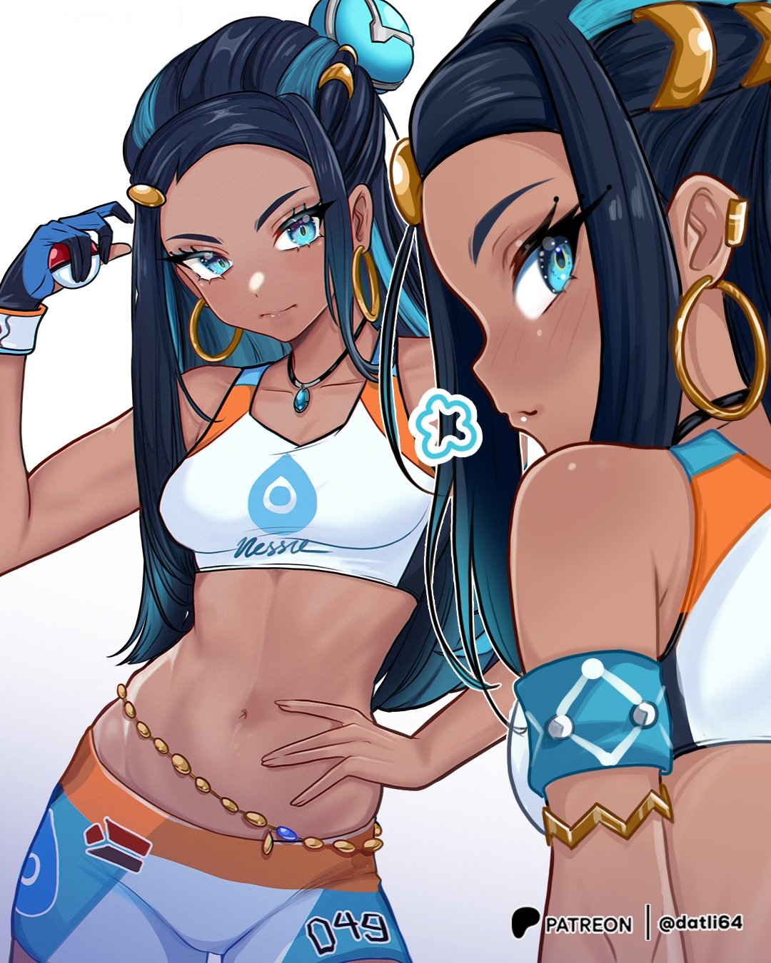 1girl, :3, =3, armband, armlet, belly_chain, black_gloves, black_hair, blue_eyes, blue_gloves, blue_hair, blush, breasts, closed_mouth, cowboy_shot, crop_top, dark_skin, datli64, earrings, english_commentary, from_behind, gloves, groin, hair_ornament, hand_on_own_hip, highres, holding, holding_poke_ball, hoop_earrings, jewelry, light_smile, long_hair, looking_at_viewer, midriff, multicolored_clothes, multicolored_gloves, multicolored_hair, multiple_views, navel, necklace, nessa_(pokemon), partially_fingerless_gloves, patreon_logo, patreon_username, poke_ball, pokemon, pokemon_swsh, simple_background, single_glove, smile, sportswear, streaked_hair, white_background, wristband