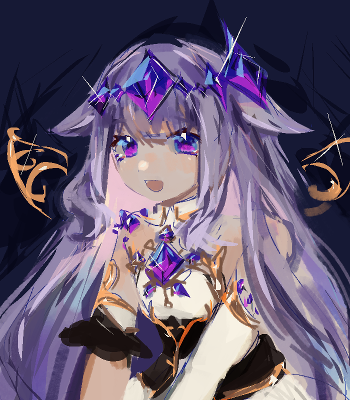 1girl, :d, bare_shoulders, black_corset, blue_background, chest_jewel, circlet, colored_inner_hair, corset, detached_sleeves, detached_wings, dress, elbow_gloves, gem, gloves, hair_flaps, hololive, hololive_english, kimberkcally, koseki_bijou, long_hair, multicolored_hair, open_mouth, pink_hair, purple_gemstone, purple_hair, sidelocks, simple_background, smile, solo, strapless, strapless_dress, upper_body, very_long_hair, violet_eyes, virtual_youtuber, white_dress, wings