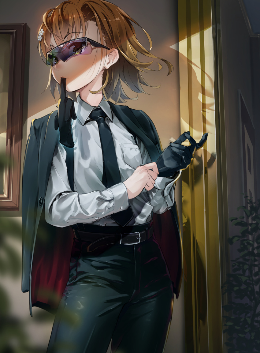 1girl, absurdres, adjusting_clothes, adjusting_gloves, alternate_costume, aviator_sunglasses, belt, belt_buckle