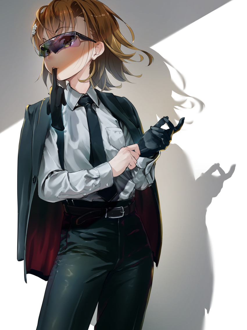 1girl, absurdres, adjusting_clothes, adjusting_gloves, alternate_costume, aviator_sunglasses, belt, belt_buckle, black_belt, black_jacket, black_necktie, black_pants, breast_pocket, brown_eyes, brown_hair, buckle, collared_shirt, commentary_request, glove_in_mouth, gloves, hair_ornament, hairpin, highres, jacket, jacket_on_shoulders, long_sleeves, looking_to_the_side, misaka_mikoto, mouth_hold, necktie, pants, pocket, shadow, shirt, short_hair, simple_background, solo, sunglasses, toaru_kagaku_no_railgun, toaru_majutsu_no_index, white_shirt, yonabe