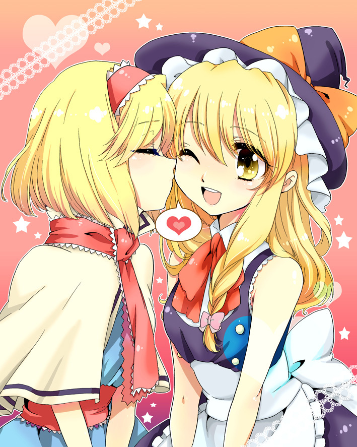 alice_margatroid, cheek_kiss, chigo, closed_eyes, heart, kirisame_marisa, kiss, multiple_girls, touhou, wince, yuri