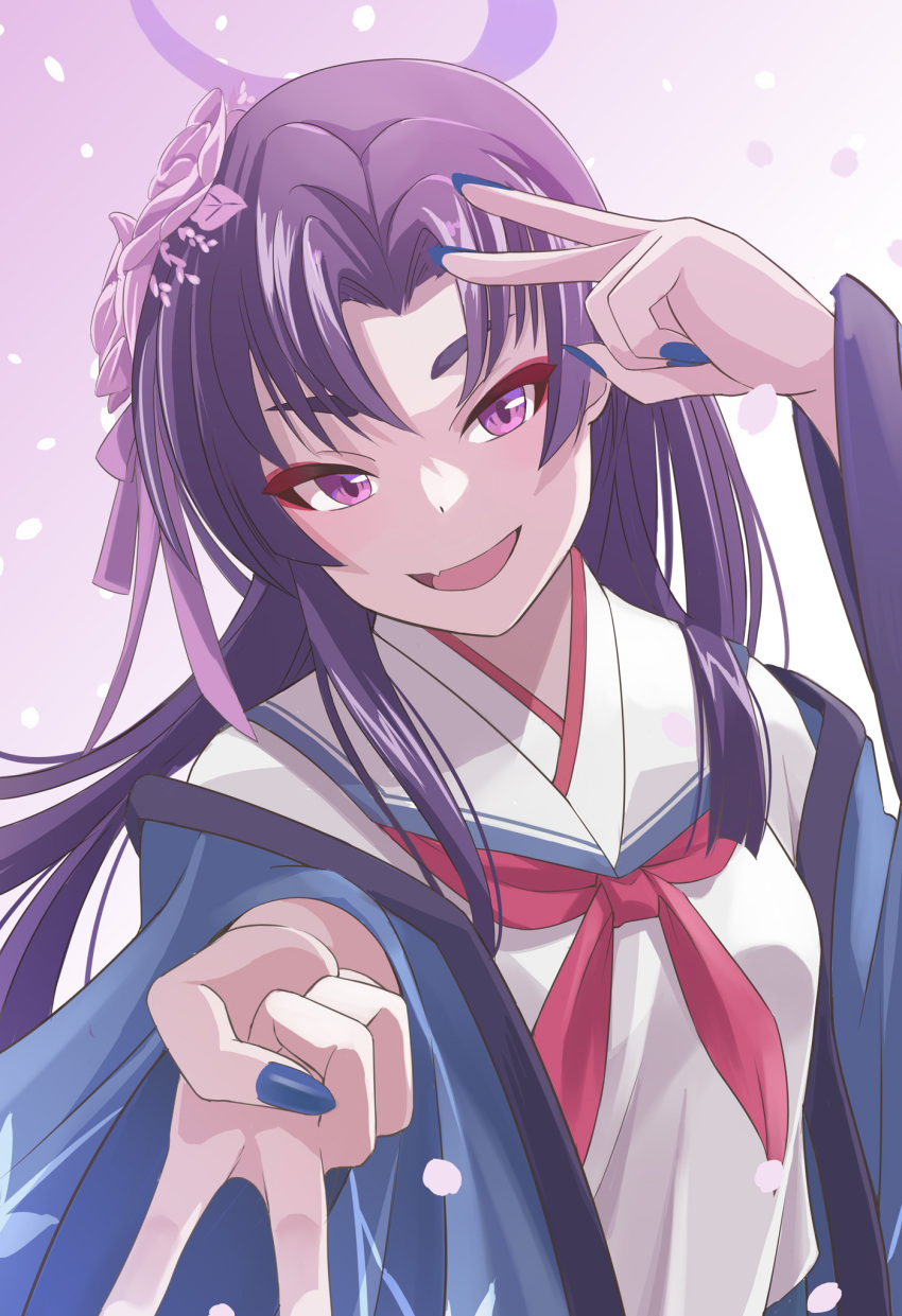 1girl, blue_archive, blue_nails, commentary_request, fingernails, flower, gyaru_v, hair_flower