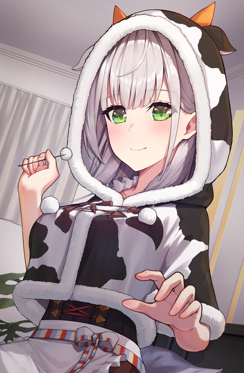 1girl, absurdres, animal_ears, animal_print, asymmetrical_sidelocks, blush, bodice, bow, breasts, commentary, cow_ears, cow_horns, cow_print, curtains, dirndl, fingernails, fukuiii0110, fur_trim, german_clothes, green_eyes, grey_hair, hair_behind_ear, highres, hololive, hood, hoodie, horns, indoors, large_breasts, looking_at_viewer, medium_hair, mimikaki, official_alternate_costume, official_alternate_hair_length, official_alternate_hairstyle, plant, reaching, reaching_towards_viewer, shirogane_noel, shirogane_noel_(dirndl), short_sleeves, sidelocks, sitting, smile, solo, virtual_youtuber
