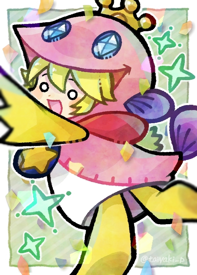 1boy, blank_eyes, blonde_hair, blush_stickers, border, confetti, cosplay, crown