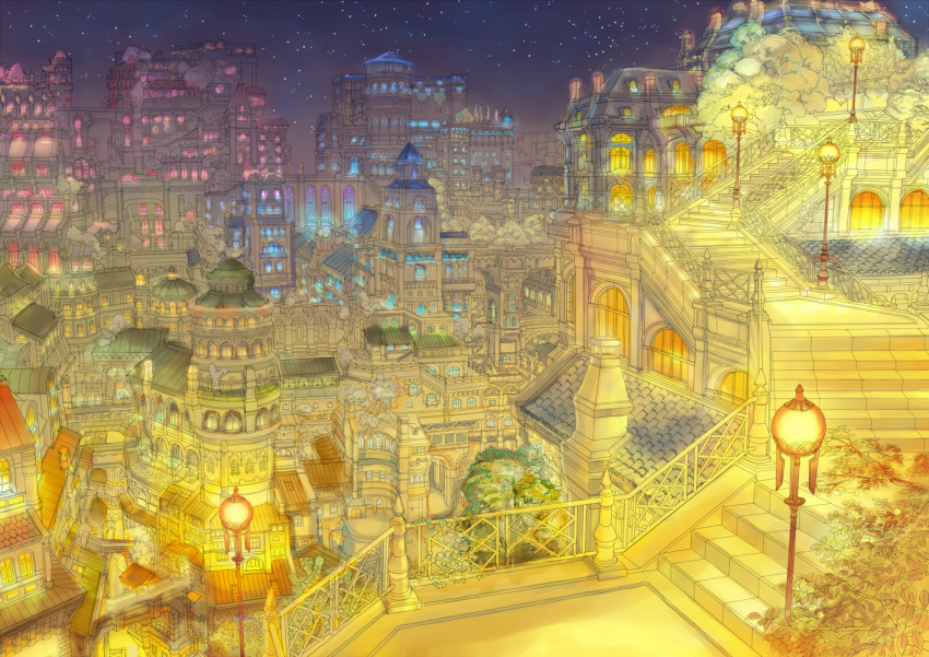 cityscape, colored, fleur-de-lis, lamp, lights, munashichi, night, original, rooftop, scenery, stairs, tree, window