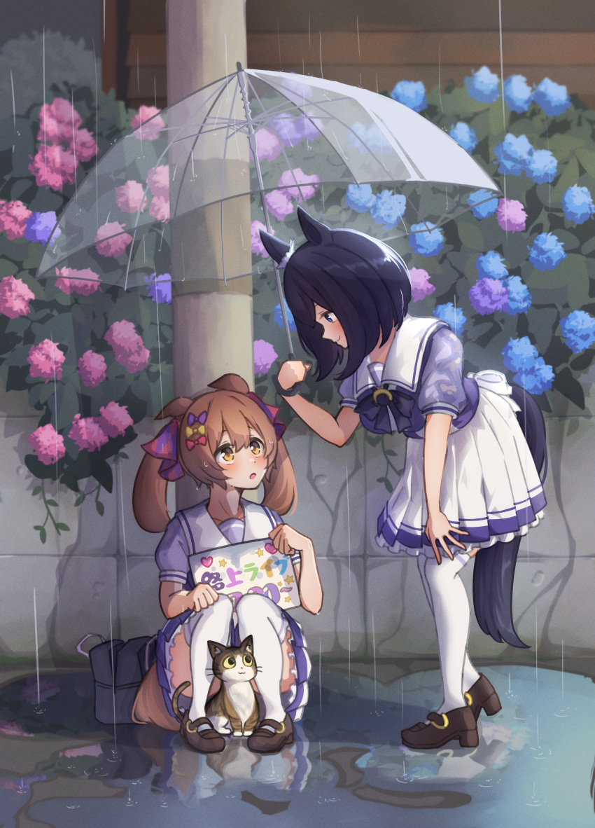 2girls, absurdres, animal_ears, argyle, argyle_bow, bag, beautifulinsnow, black_eyes