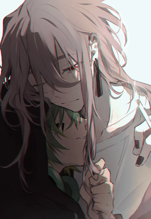 2boys, b0ww0wp, black_hoodie, black_nails, cigarette, closed_mouth, earrings, facial_mark, green_hair, grey_background, headphones, holding, holding_cigarette, hood, hood_up, hoodie, jewelry, kaida_shion, long_hair, male_focus, mikoshiba_kenta, multiple_boys, one_eye_closed, paradox_live, pink_hair, red_eyes, shirt, short_hair, teeth, white_shirt