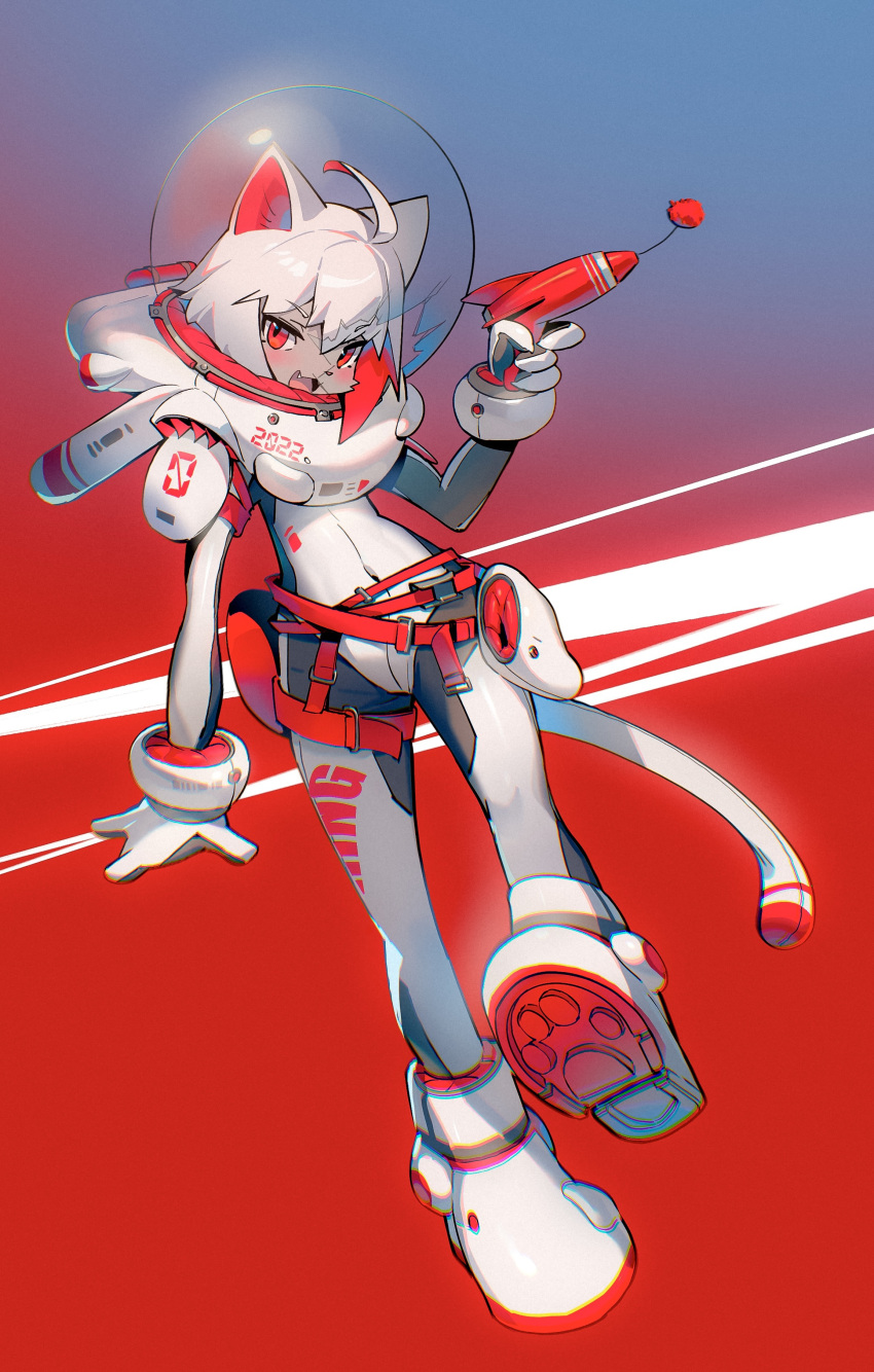 >:), 1girl, absurdres, ahoge, animal_ears, belt, body_fur, bodysuit, brown_fur, cat_ears, cat_girl, cat_tail, chinese_commentary, commentary_request, covered_navel, crack, cracked_glass, cracked_helmet, fang, fewer_digits, full_body, furry, furry_female, gloves, gradient_background, hand_up, helmet, highres, holding, holding_toy, leg_up, looking_at_viewer, multiple_belts, open_mouth, original, paw_shoes, red_background, red_eyes, shiiorina, short_hair, simple_background, solo, space_helmet, spacesuit, standing, standing_on_one_leg, tail, toy, toy_gun, tsurime, two-tone_background, v-shaped_eyebrows, white_bodysuit, white_footwear, white_gloves, white_hair