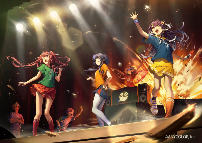 2boys, 4girls, ahoge, amagase_muyu, artist_request, blue_shirt, blue_skirt, brown_hair