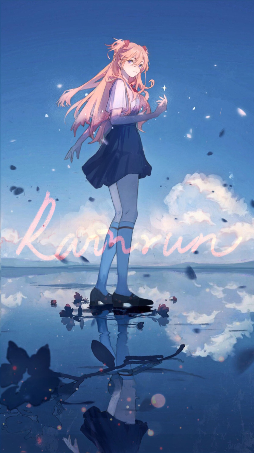 1girl, absurdres, artist_name, black_footwear, blue_dress, blue_sky, clouds, day