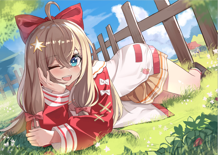 a-soul, absurdres, ahoge, blue_eyes, bow, brown_hair, diana_(a-soul), hair_between_eyes