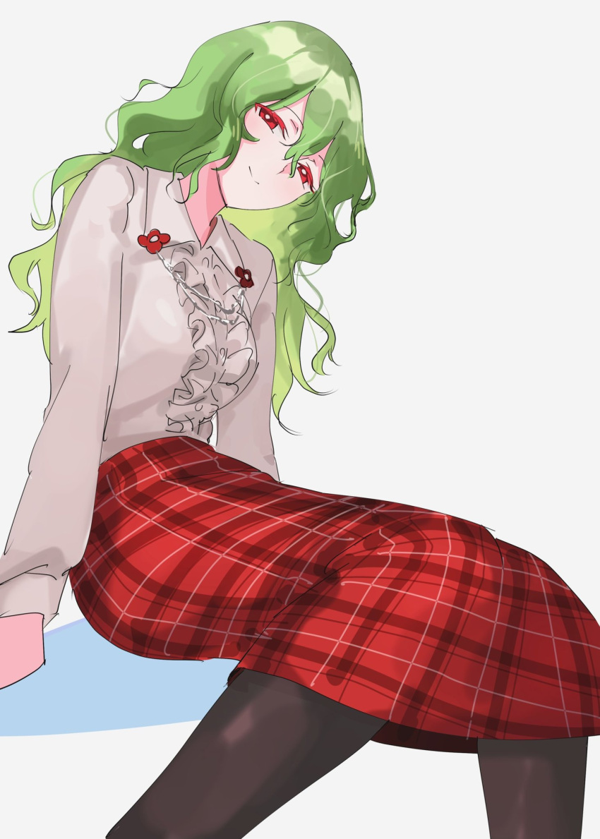 1girl, black_pantyhose, frills, green_hair, hair_between_eyes, highres, kazami_yuuka, long_hair
