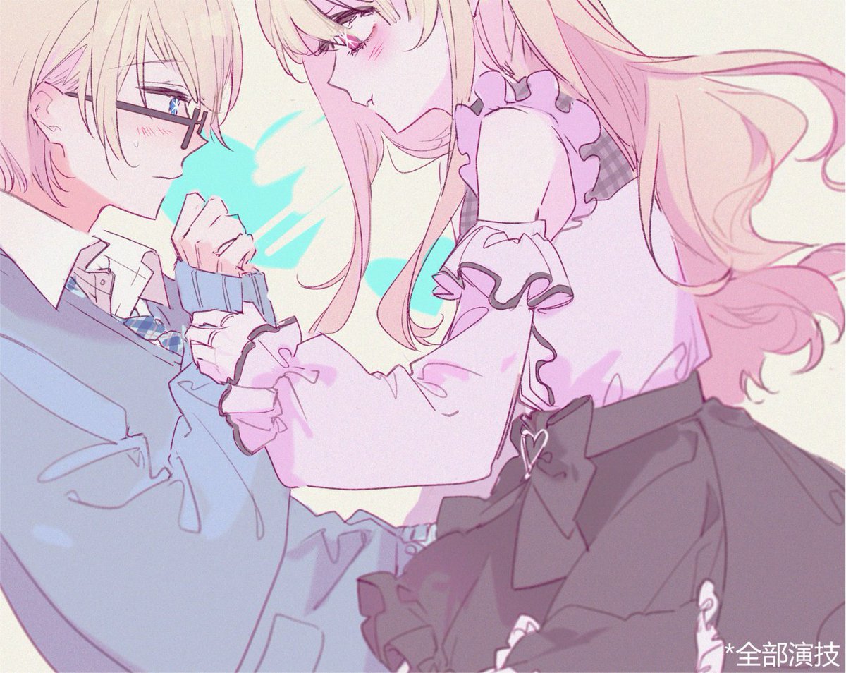 1boy, 1girl, black_bow, blonde_hair, blue_eyes, blue_sweater, blush, bow