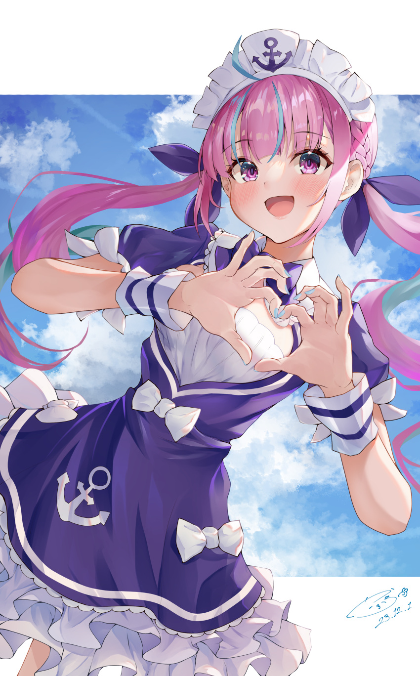 1girl, :d, absurdres, anchor_print, anchor_symbol, blue_bow, blue_bowtie, blue_dress