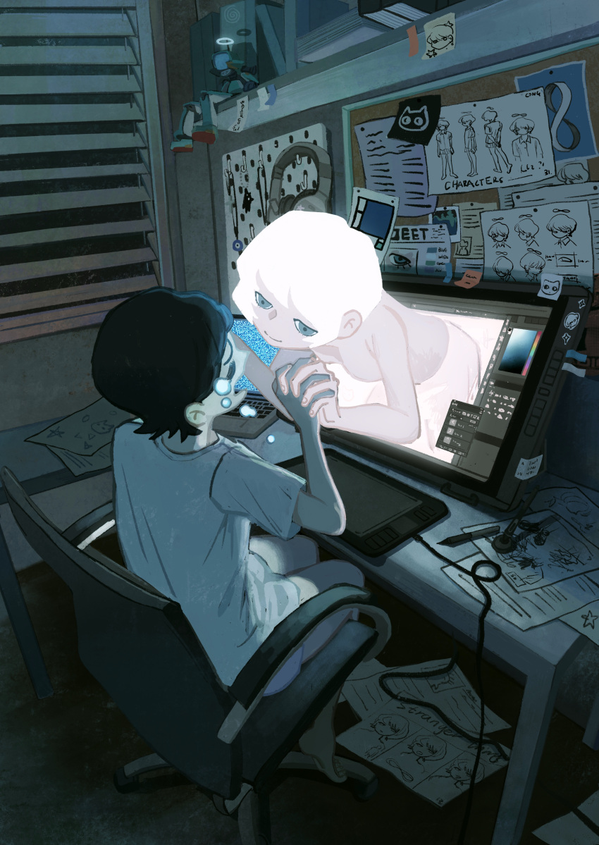 1girl, 1other, absurdres, androgynous, barefoot, black_hair, blue_eyes, book, bulletin_board, chair, closed_eyes, commentary, computer, congming33, crying, dark, desk, drawing_(object), drawing_tablet, english_commentary, figure, from_above, full_body, headphones, highres, holding_hands, indoors, interlocked_fingers, laptop, looking_at_another, monitor, night, office_chair, on_chair, open_mouth, original, paper, scenery, shelf, shirt, short_hair, sitting, static, sticker, sticky_note, stylus, surreal, swivel_chair, tears, through_screen, user_interface, white_hair, white_shirt, window_shutter