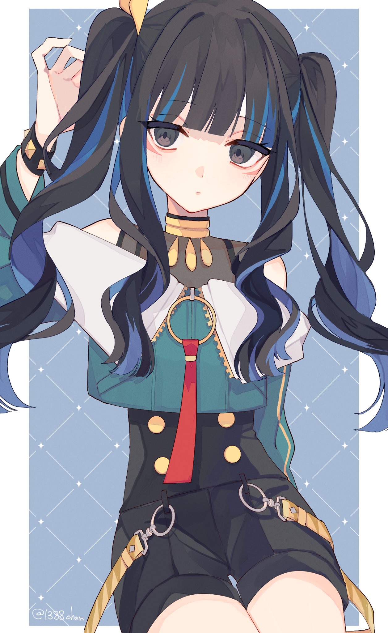 1388chan, 1girl, alternate_hairstyle, black_eyes, black_hair, blue_background, blue_hair, blunt_bangs