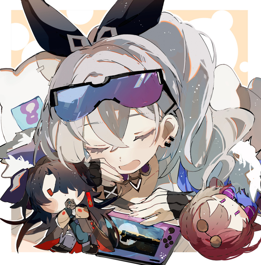 1girl, black_gloves, black_hair, blade_(honkai:_star_rail), blue_eyes, border, character_doll, closed_eyes