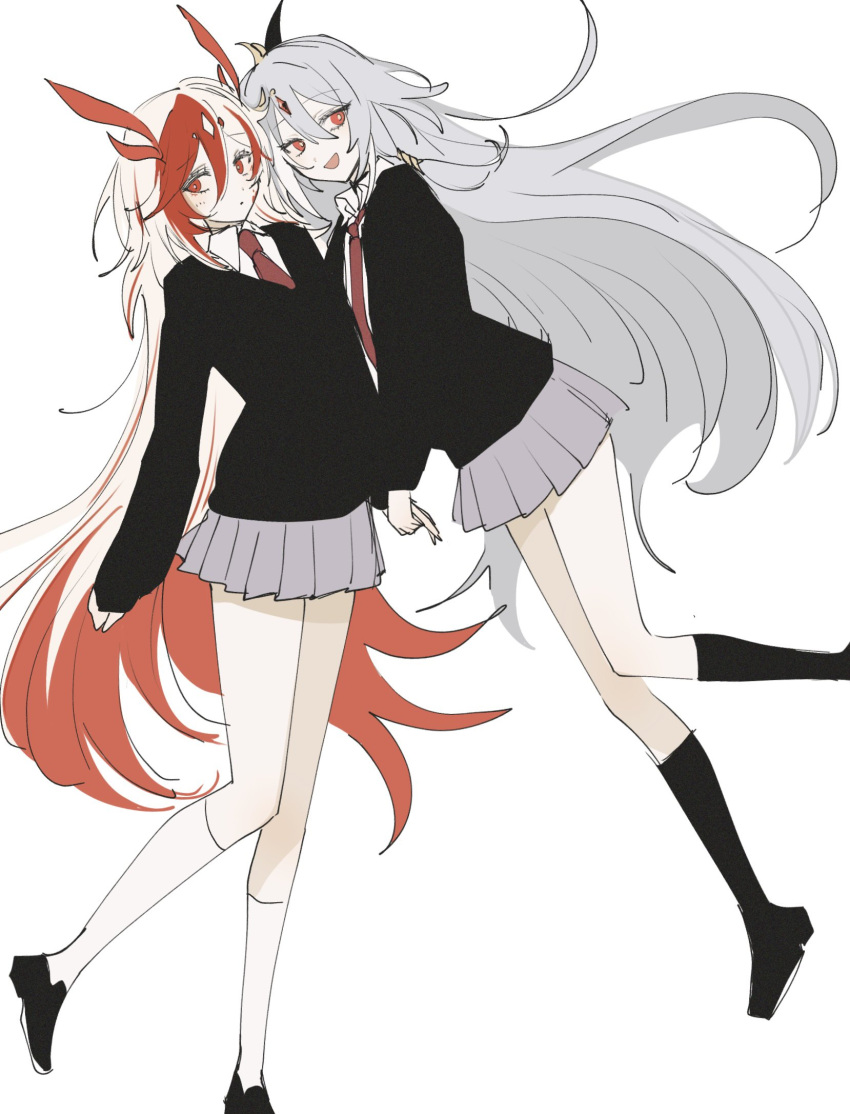 2girls, :d, black_footwear, black_socks, black_sweater, c_uino, closed_mouth, collared_shirt