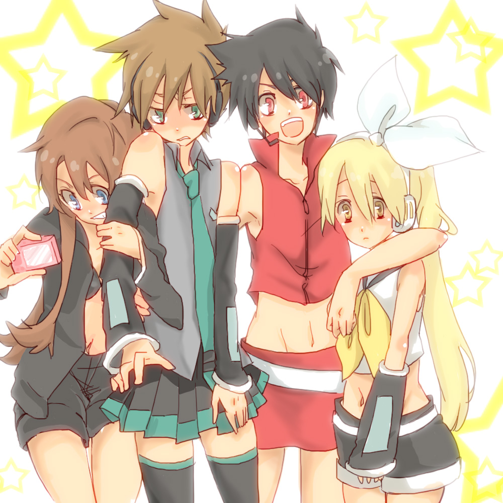 2girls, annoyed, bare_shoulders, black_hair, black_rock_shooter, black_rock_shooter_(character), black_rock_shooter_(cosplay), blonde_hair, blue_(pokemon), blue_eyes, bow, bra, brown_hair, camera, cosplay, crossdressinging, detached_sleeves, green_eyes, grin, group, hair_bow, hatsune_miku, hatsune_miku_(cosplay), headphones, headset, hug, jacket, kagamine_rin, kagamine_rin_(cosplay), long_hair, male, meiko, meiko_(cosplay), midriff, multiple_boys, multiple_girls, navel, necktie, ookido_green, pokemon, pokemon_special, ponytail, popped_collar, red_(pokemon), red_eyes, short_hair, shorts, skirt, spiky_hair, star, starry_background, stars, thigh-highs, thighhighs, vocaloid, yellow_(pokemon), yellow_eyes, zettai_ryouiki