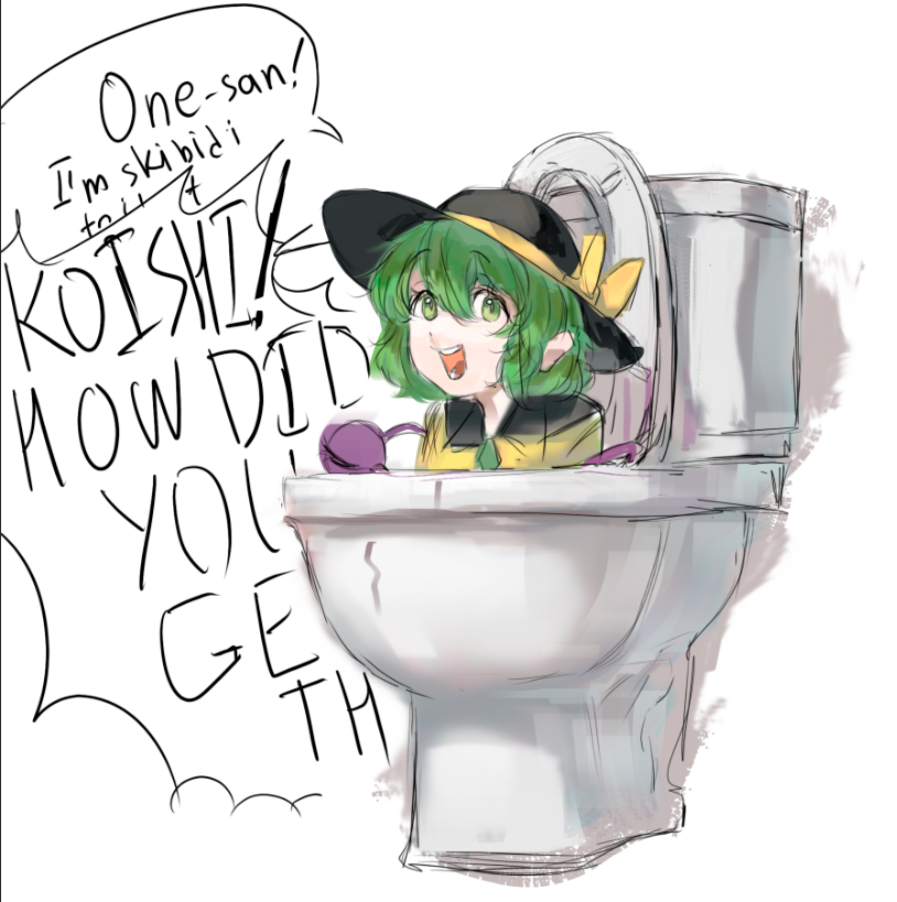 1girl, :d, black_headwear, bow, comedy, eyeball, green_eyes, green_hair