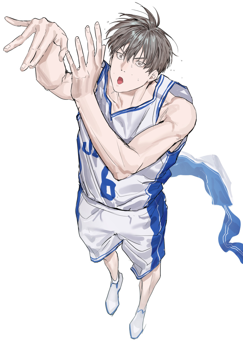 1boy, absurdres, basketball_jersey, basketball_uniform, brown_hair, chamuring, flying_sweatdrops, full_body