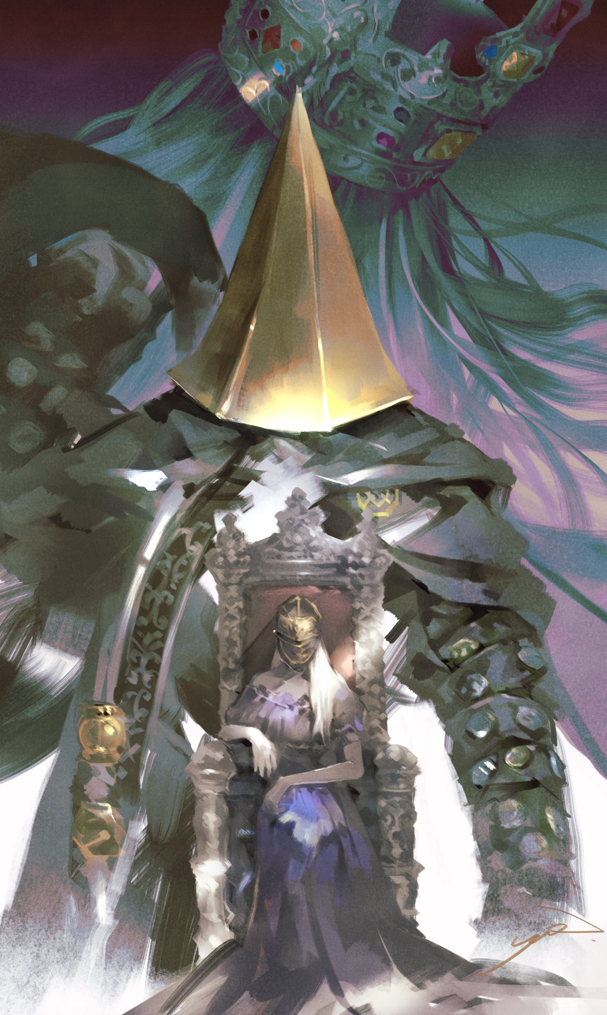 1girl, 2boys, alfred_(bloodborne), annalise_queen_of_the_vilebloods, bloodborne, crown, dress, facing_viewer