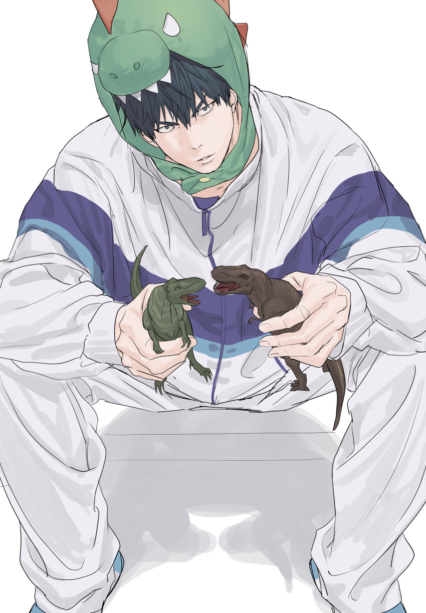 1boy, absurdres, animal_hood, black_eyes, black_hair, chamuring, choi_jongsu, dinosaur_hood