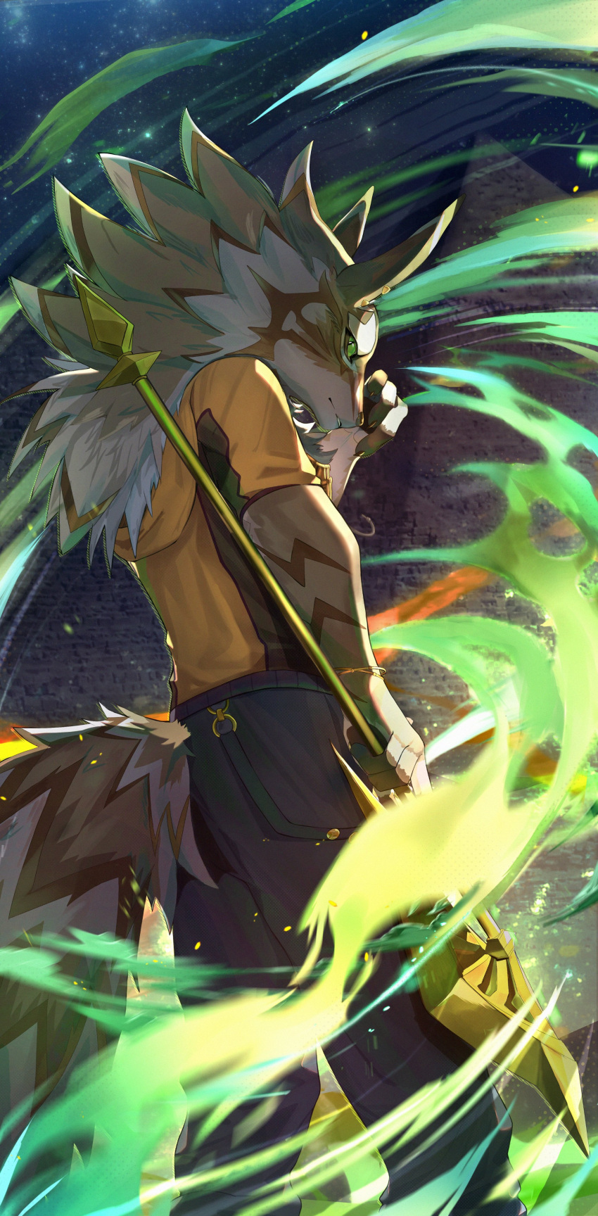 1boy, absurdres, animal_ear_piercing, animal_ears, bracelet, cane, feet_out_of_frame, furry