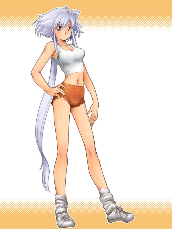 fang, heterochromia, hot_pants, lavolpe_(yagisaka_seto), legs, long_hair, navel, original