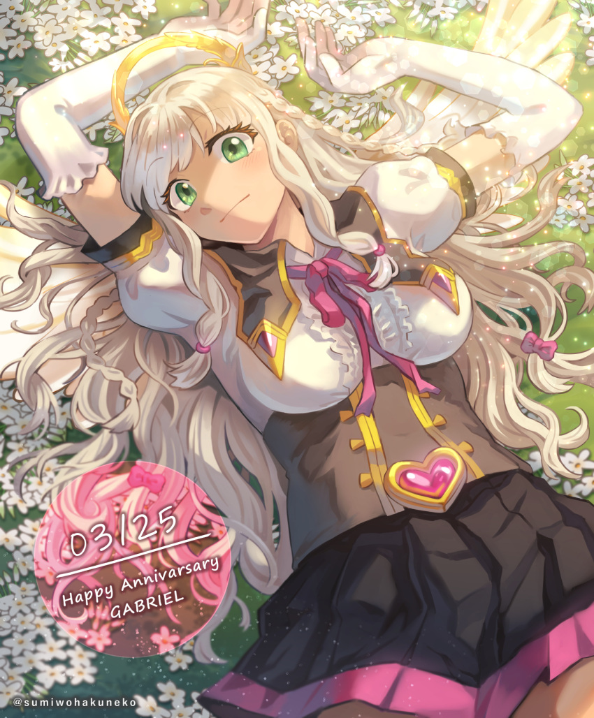1girl, angel_wings, blonde_hair, bow, braid, closed_mouth, elbow_gloves, flower