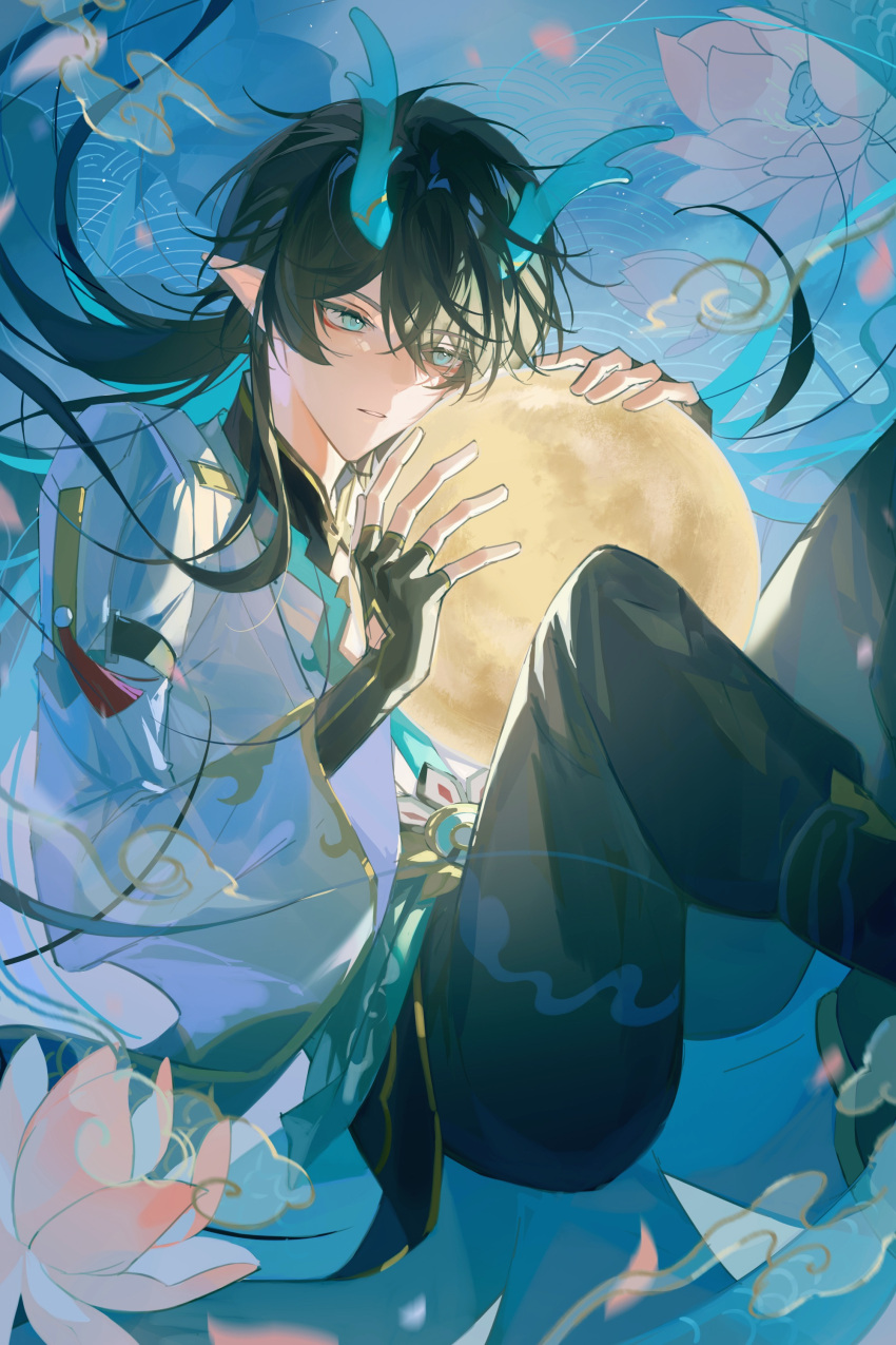 1boy, absurdres, aqua_background, aqua_eyes, aqua_horns, black_gloves, black_hair, black_pants