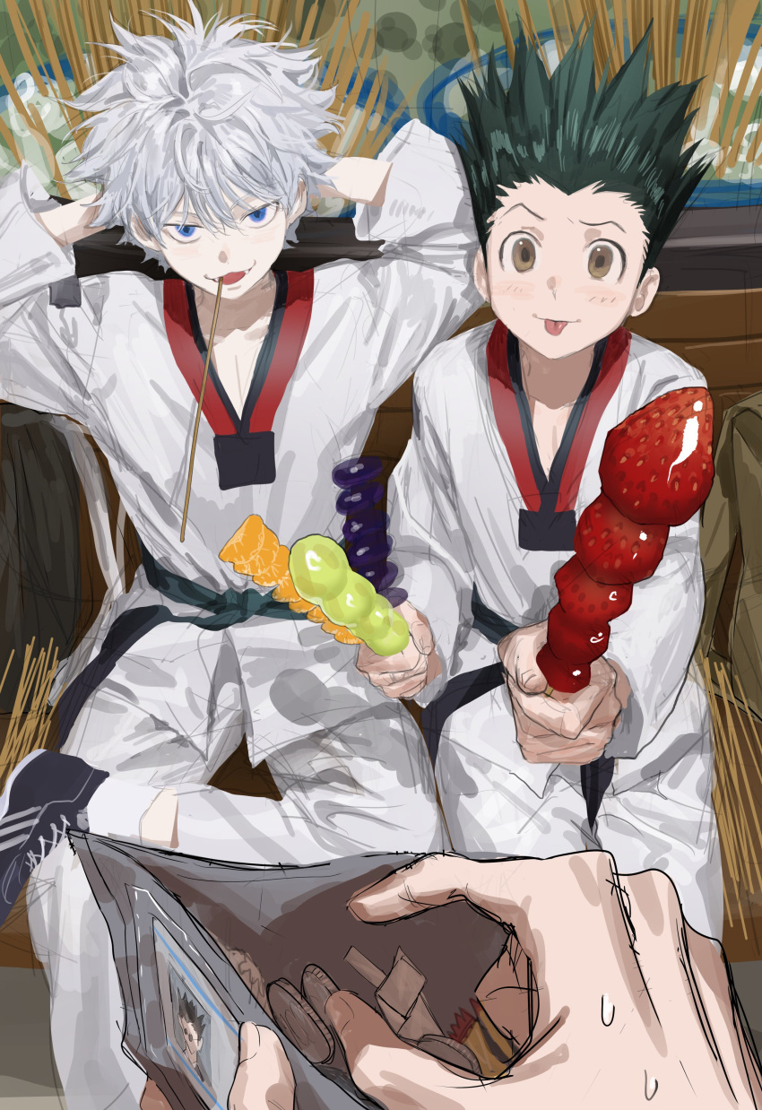 3boys, :3, absurdres, arms_behind_back, black_hair, blue_eyes, brown_eyes, candied_fruit