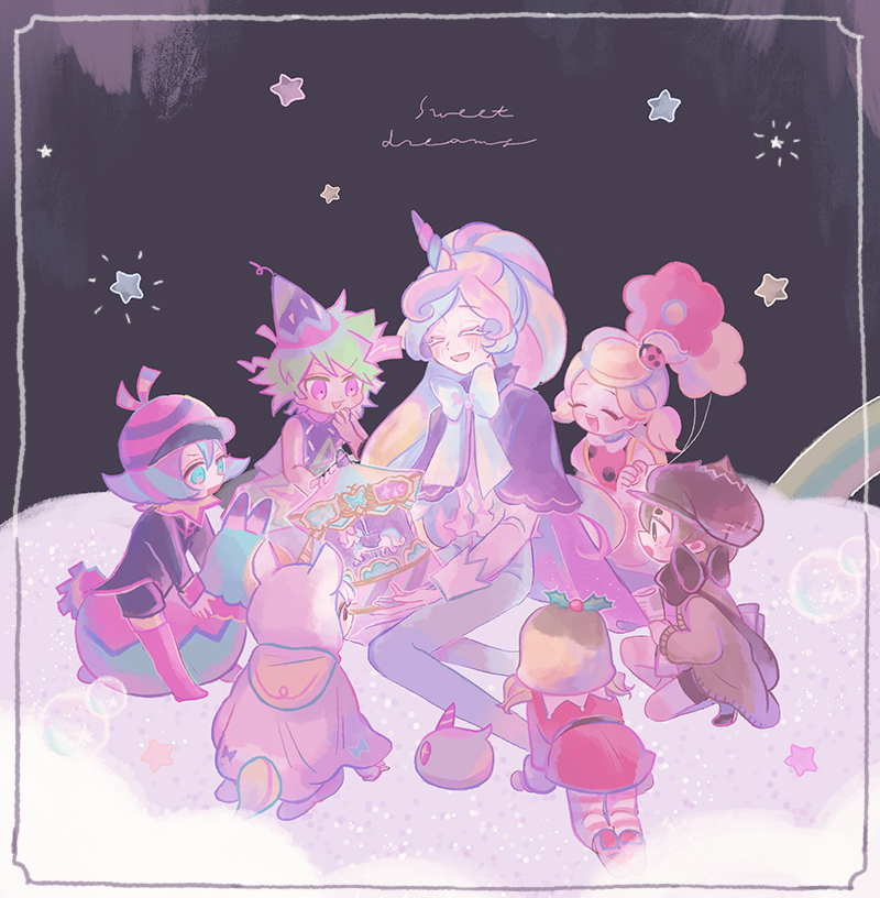 1other, 2boys, 4girls, androgynous, apple_cookie, back, blonde_hair, bow