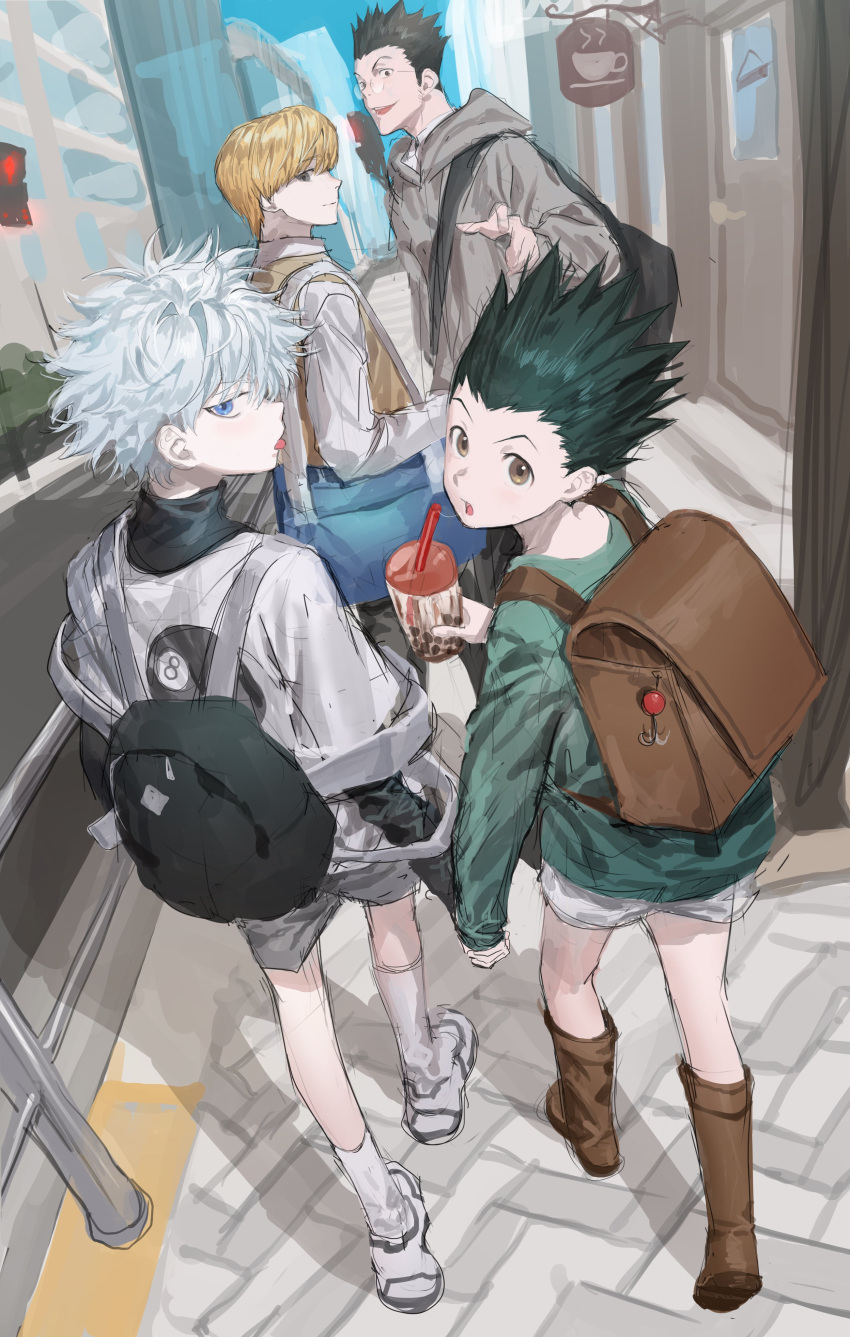 4boys, absurdres, backpack, bag, black_bag, black_hair, black_shirt, blonde_hair