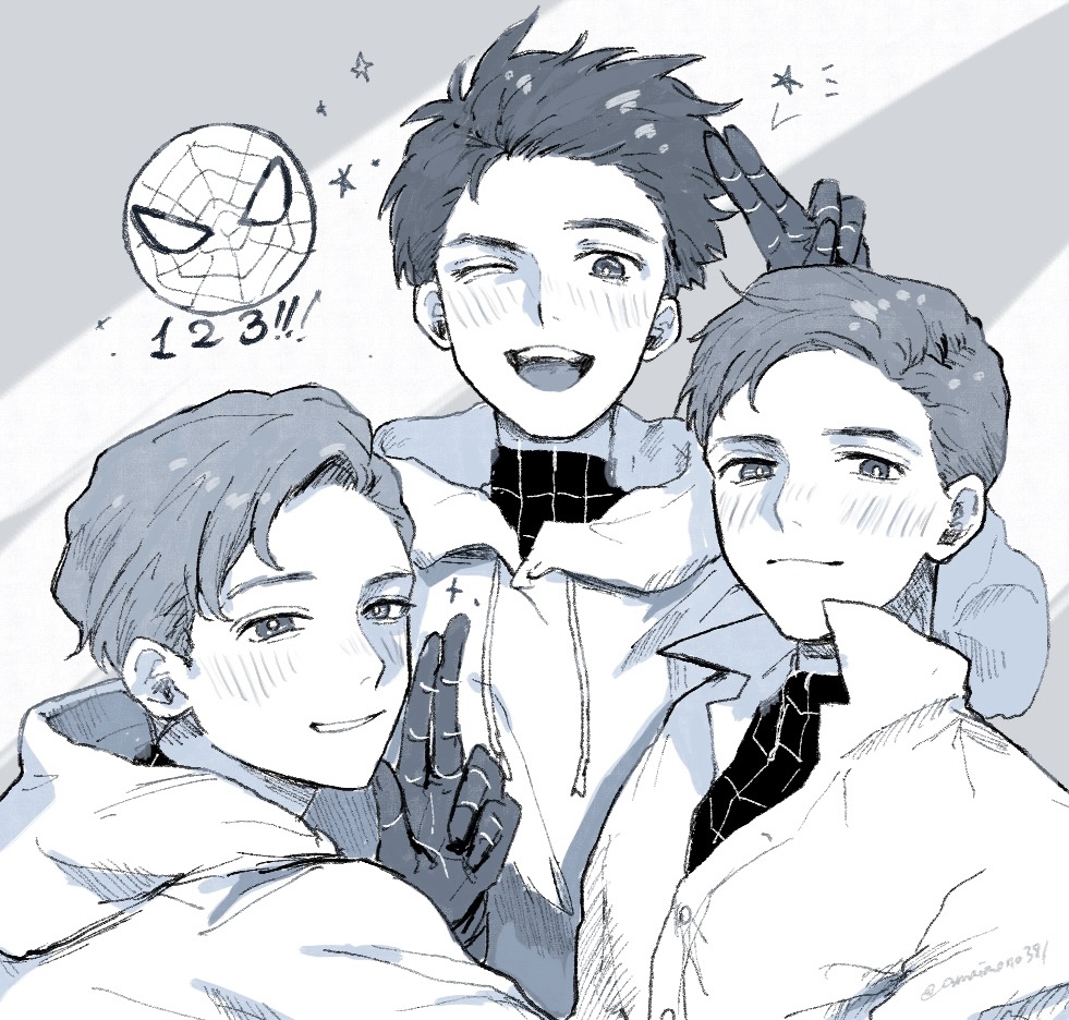 3boys, blush, bodysuit, buttons, closed_mouth, coat, collared_shirt, greyscale, hand_up, hood, hooded_coat, hoodie, kaidou_(na10ki3wa7), long_sleeves, looking_at_viewer, male_focus, marvel, marvel_cinematic_universe, monochrome, multiple_boys, multiple_persona, one_eye_closed, open_mouth, peter_parker, shirt, short_hair, simple_background, smile, sparkle, spider-man, spider-man:_no_way_home, spider-man_(series), spider_web_print, standing, teeth, tongue