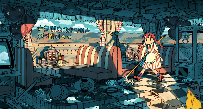 1girl, :>, apron, arcade_cabinet, artist_name, balloon, braid, bucket