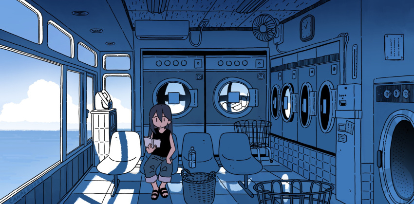 1girl, air_conditioner, analog_clock, artist_name, basket, black_footwear, black_tank_top, blue_pants