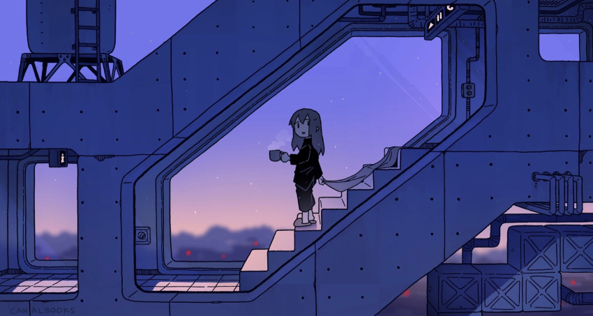 1girl, artist_name, black_pants, black_shirt, blurry, blurry_background, brown_hair, canalbooks1125, commentary_request, cup, from_outside, from_side, hand_up, highres, holding, holding_cup, industrial_pipe, ladder, light_particles, long_hair, long_sleeves, looking_at_viewer, looking_to_the_side, morning, mug, no_sclera, original, pajamas, pants, parted_lips, push-button, shirt, slippers, solo, stairs, standing, steam, tile_floor, tiles, water_tank, wide_shot, window
