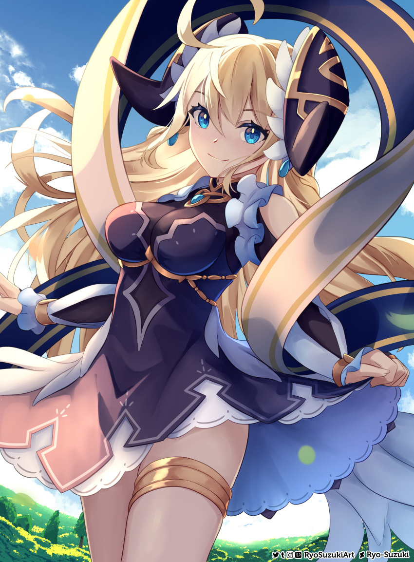 1girl, absurdres, ahoge, artist_name, black_dress, blonde_hair, blue_eyes, clothes_lift