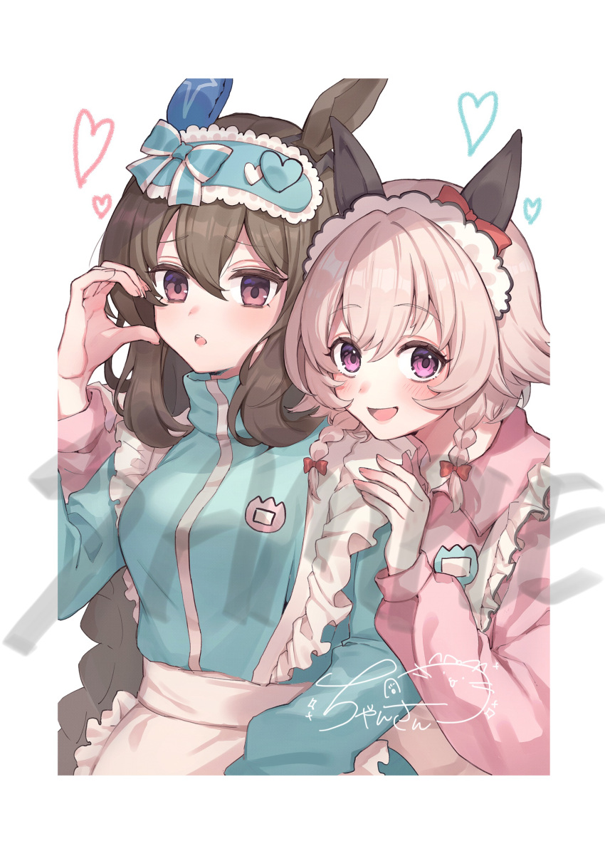 2girls, absurdres, admire_vega_(umamusume), animal_ears, apron, aqua_jacket, border, brown_hair