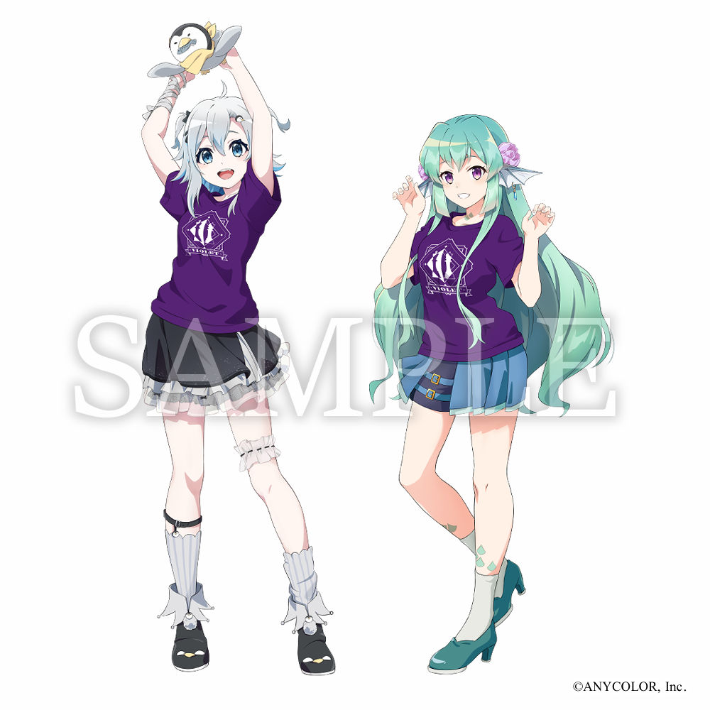 2girls, bandaged_arm, bandages, black_skirt, blue_eyes, blue_hair, fang, finana_ryugu