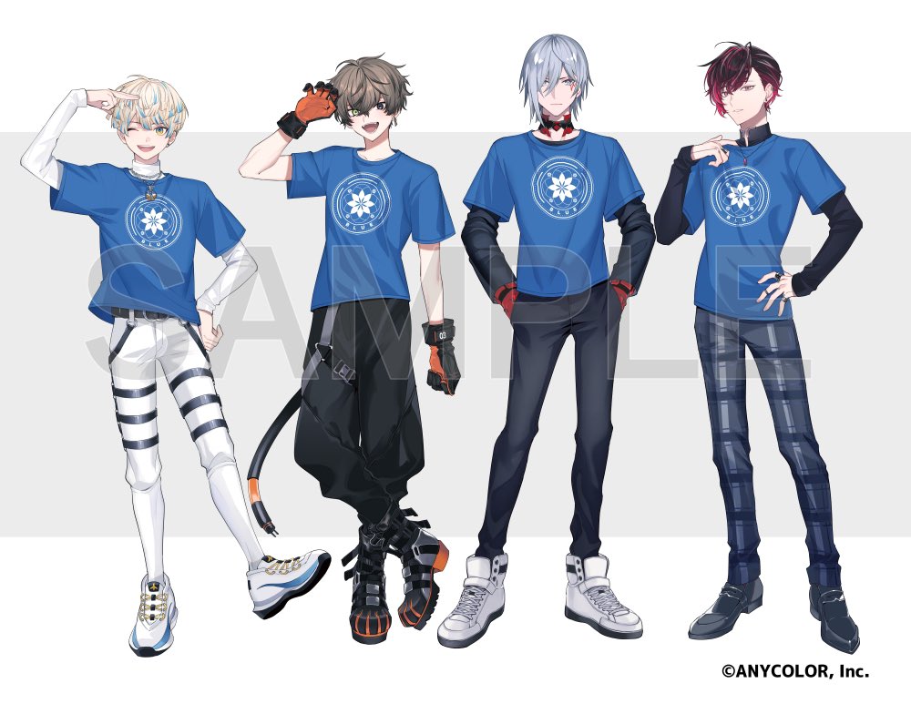 4boys, alban_knox, black_eyes, black_footwear, black_gloves, black_pants, blonde_hair, blue_hair