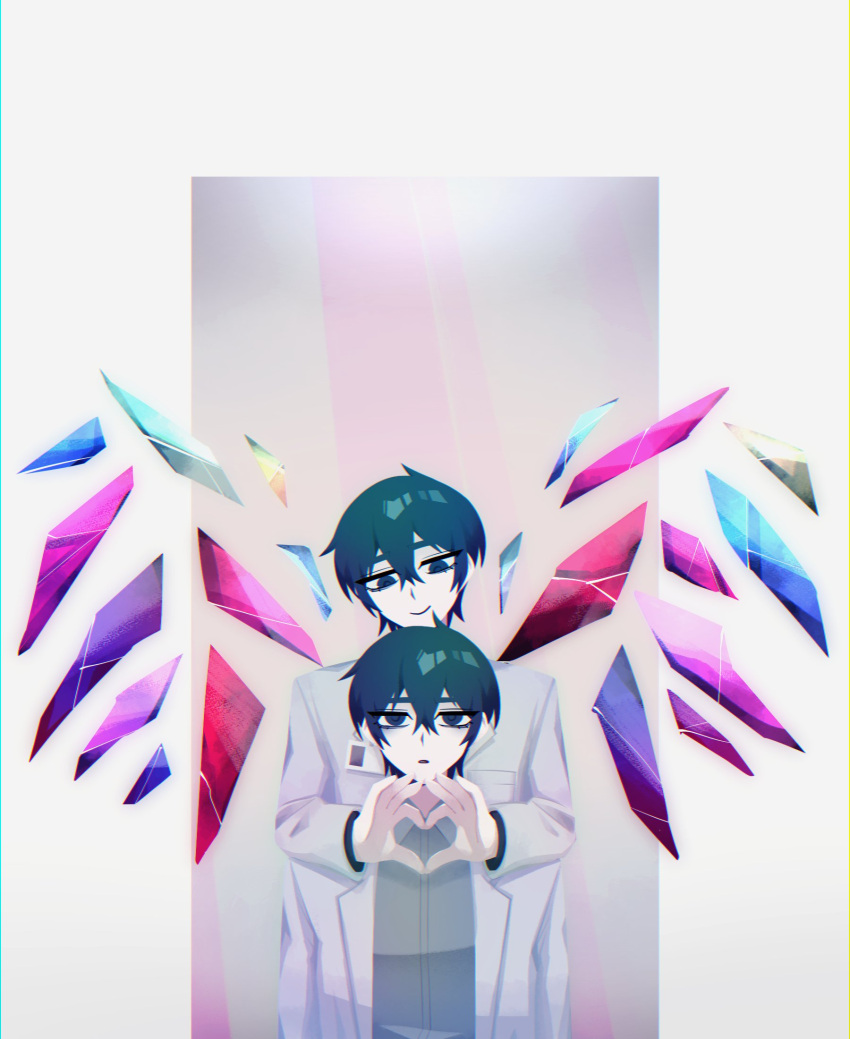 2boys, black_eyes, black_hair, coat, crystal, dual_persona, grey_shirt, heart
