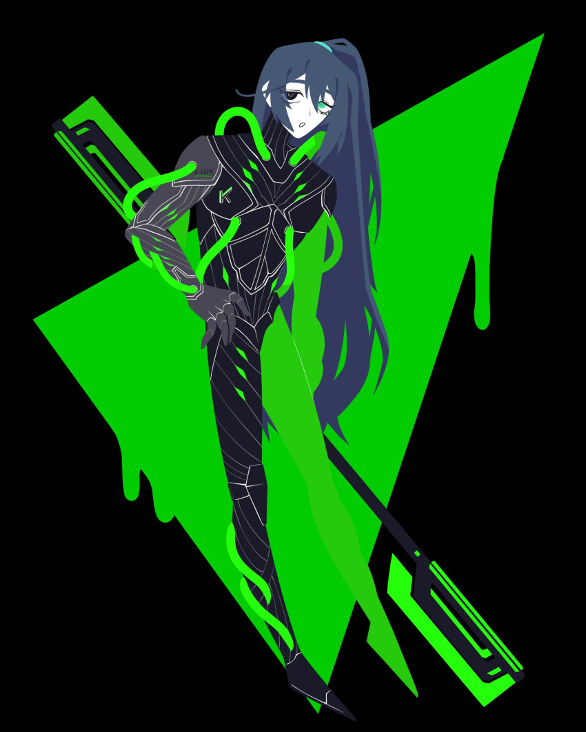 1boy, aqua_eyes, armor, black_armor, black_eyes, black_hair, glaive_(polearm), heterochromia