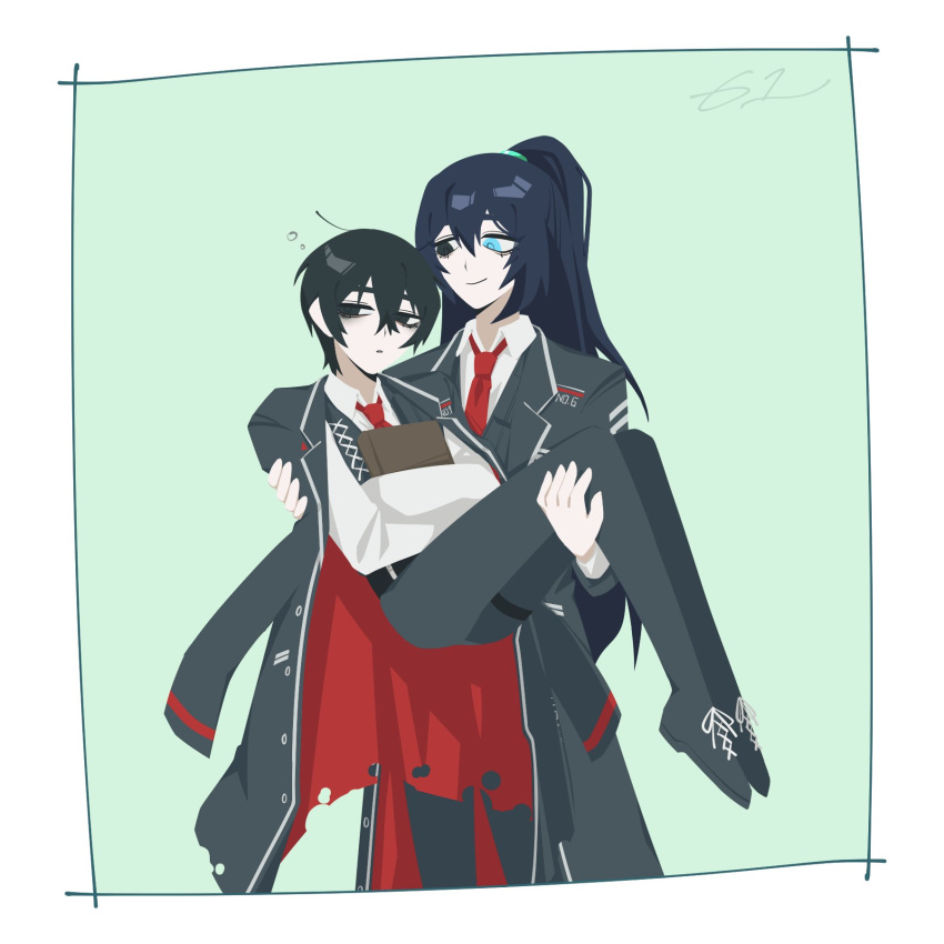 2boys, aqua_eyes, black_coat, black_eyes, black_footwear, black_hair, black_pants, carrying
